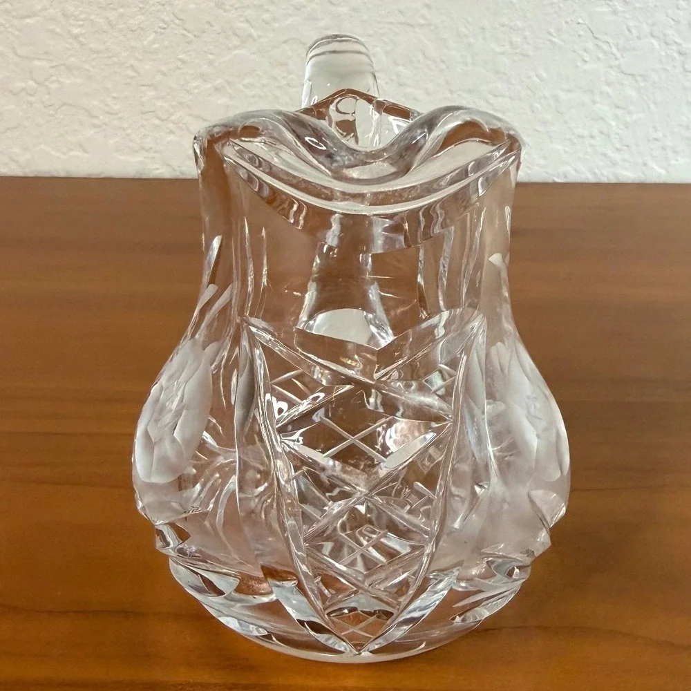 Vintage Lead Crystal Frosted Rose Creamer Pitcher Cut Glass Floral 4.25 Inch